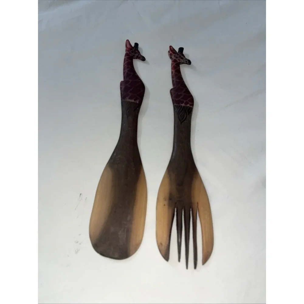 Vintage Wooden Handmade Giraffe Salad Tossing Fork & Spoon Works Great Clean Woo